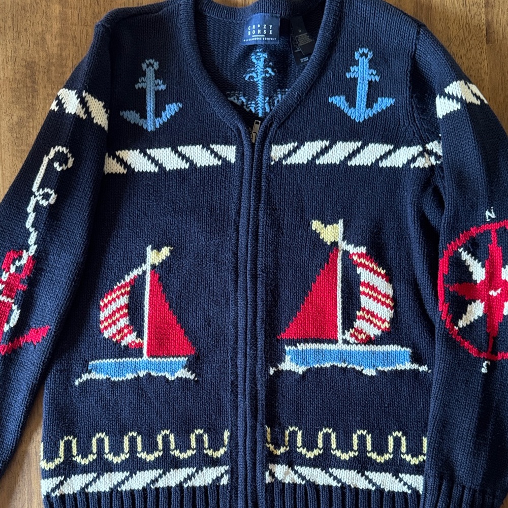 Liz Claiborne Crazy Horse Navy Cardigan with Blue Embroidery